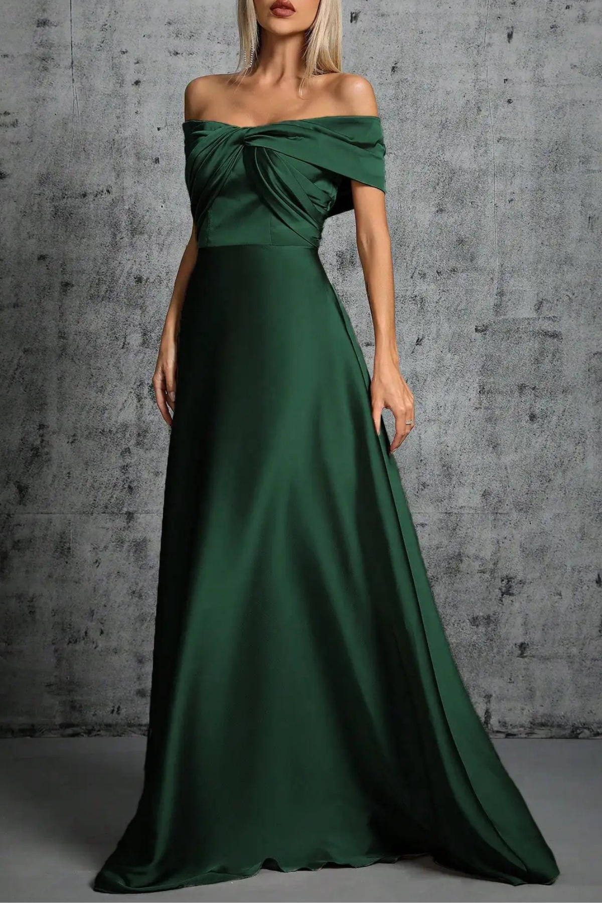 Green Satin Off Shoulder Twist Dress