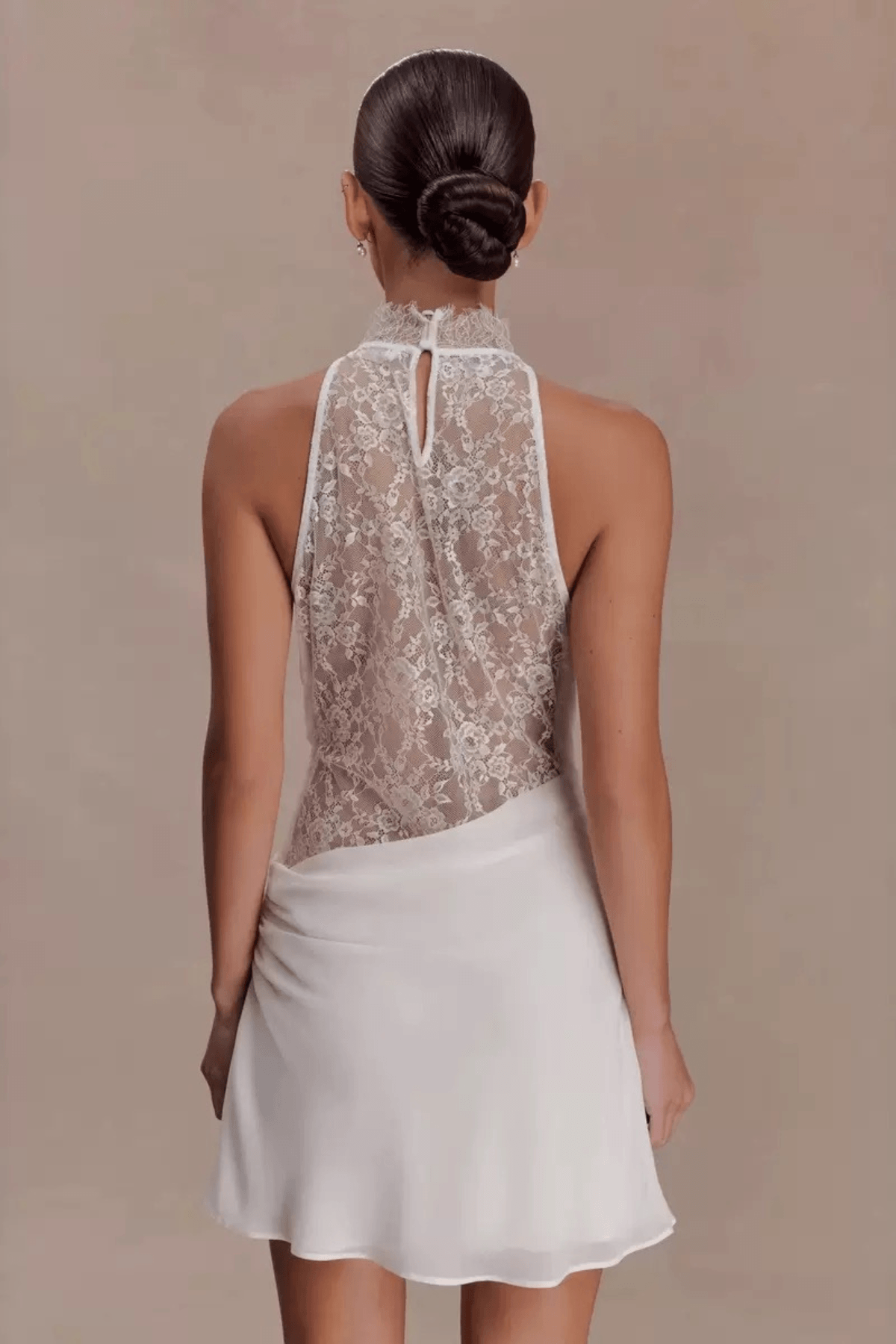 White Lace Halter Neck Ruched A Line Mini Dress