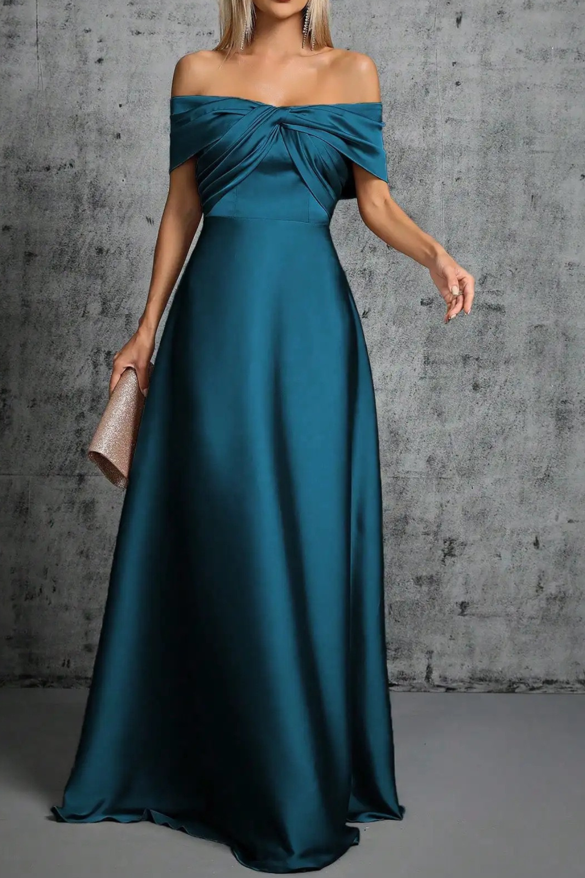 Blue Satin Off Shoulder Twist Dress