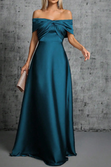 Blue Satin Off Shoulder Twist Dress