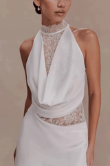 White Lace Halter Neck Ruched A Line Mini Dress