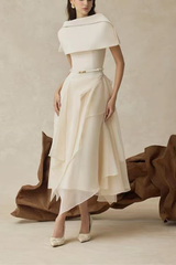 Cream Asymmetrical Off Shoulder Midi Gown
