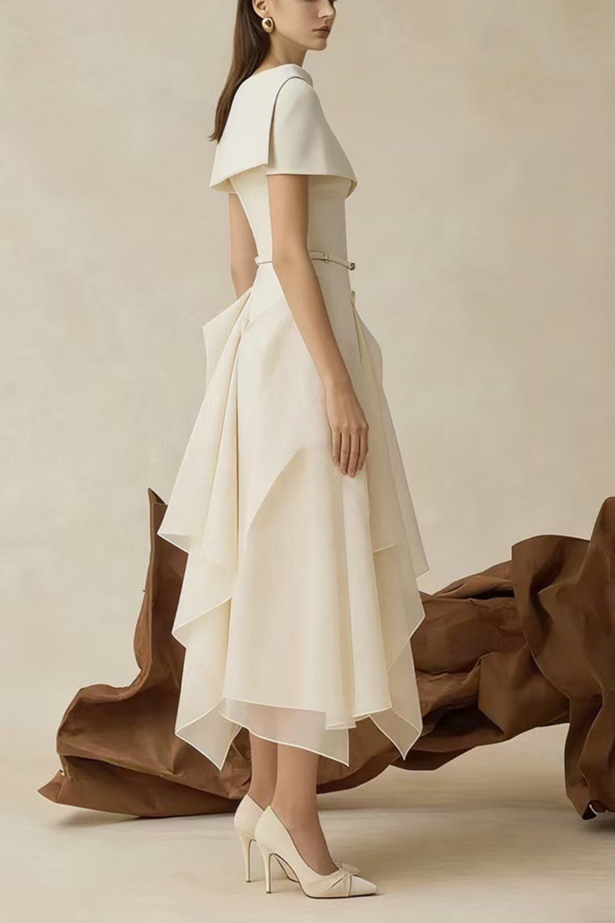 Cream Asymmetrical Off Shoulder Midi Gown