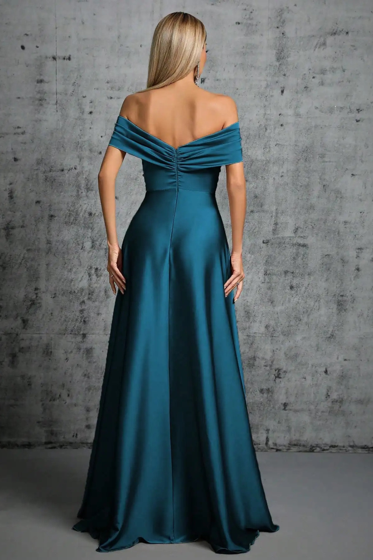 Blue Satin Off Shoulder Twist Dress