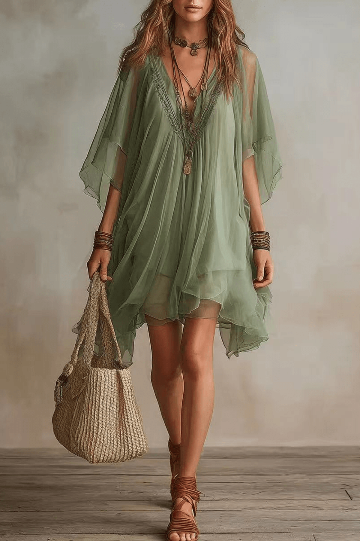 Green Boho Mini Dress