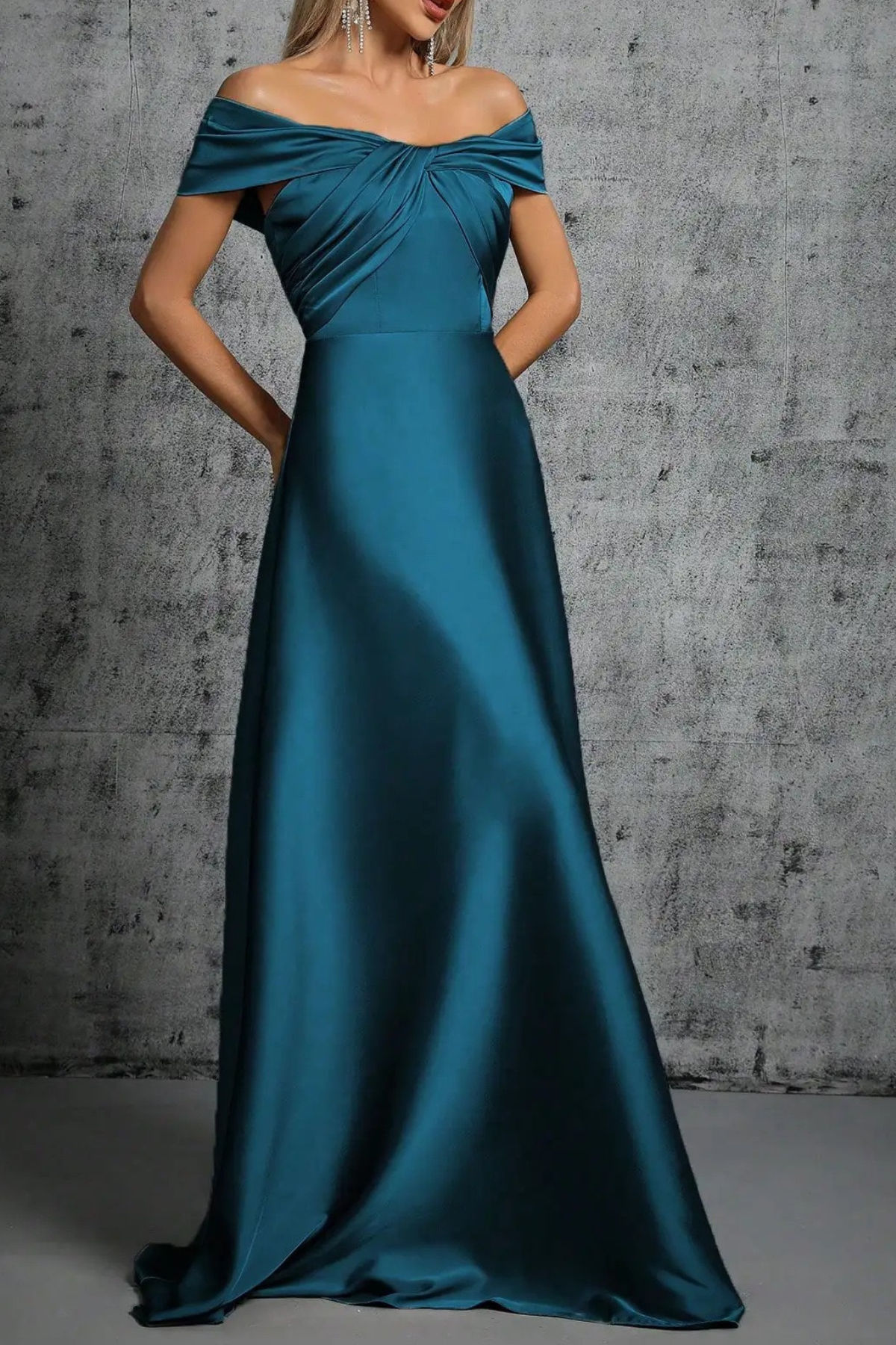 Blue Satin Off Shoulder Twist Dress