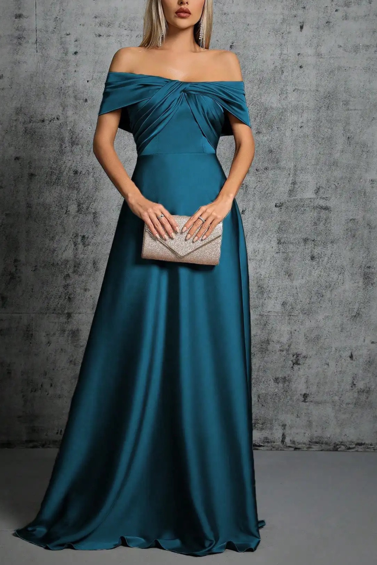 Blue Satin Off Shoulder Twist Dress