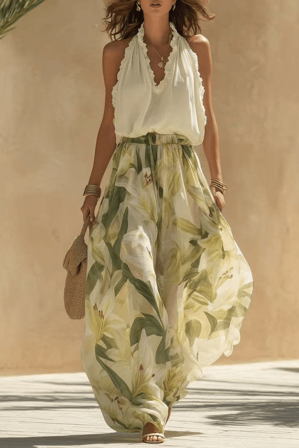 Ruffle Halter Top & Floral Maxi Skirt Matching Set