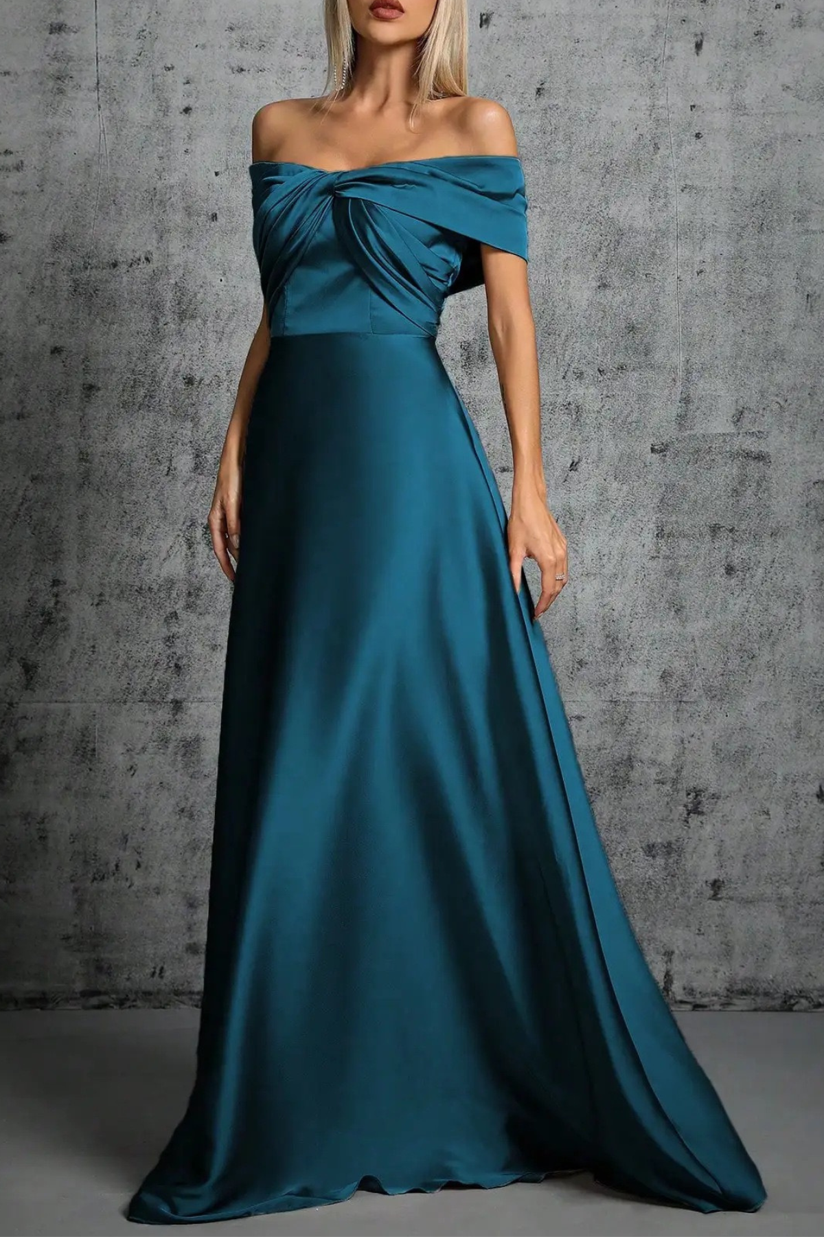 Blue Satin Off Shoulder Twist Dress