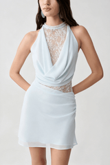 Lace Halter Neck Ruched A Line Mini Dress