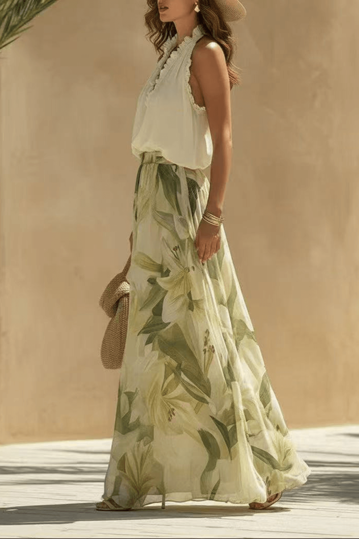 Ruffle Halter Top & Floral Maxi Skirt Matching Set