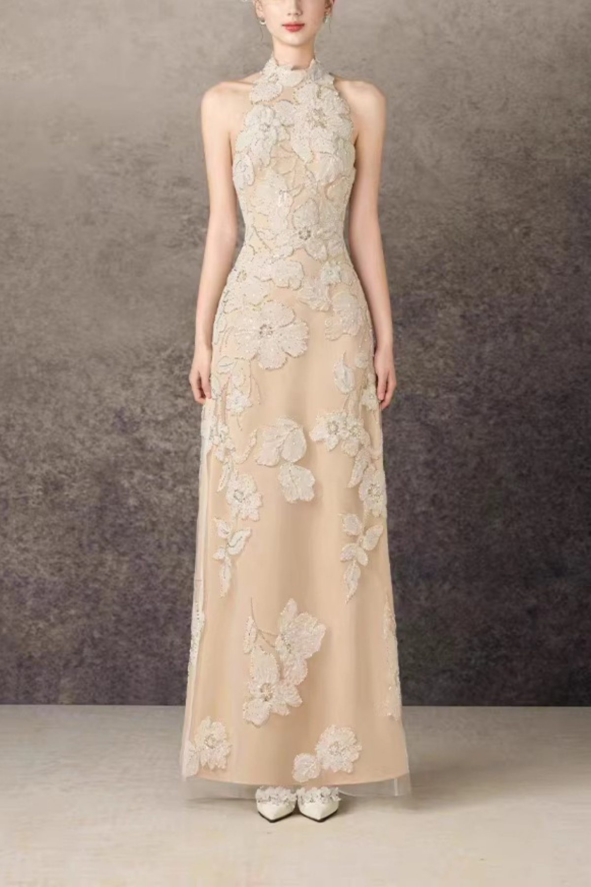Halter Neck 3D Floral Lace Beige Maxi Dress