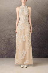 Halter Neck 3D Floral Lace Beige Maxi Dress