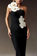 Black Sequin Flowers One Shoulder Bandage Maxi Dress