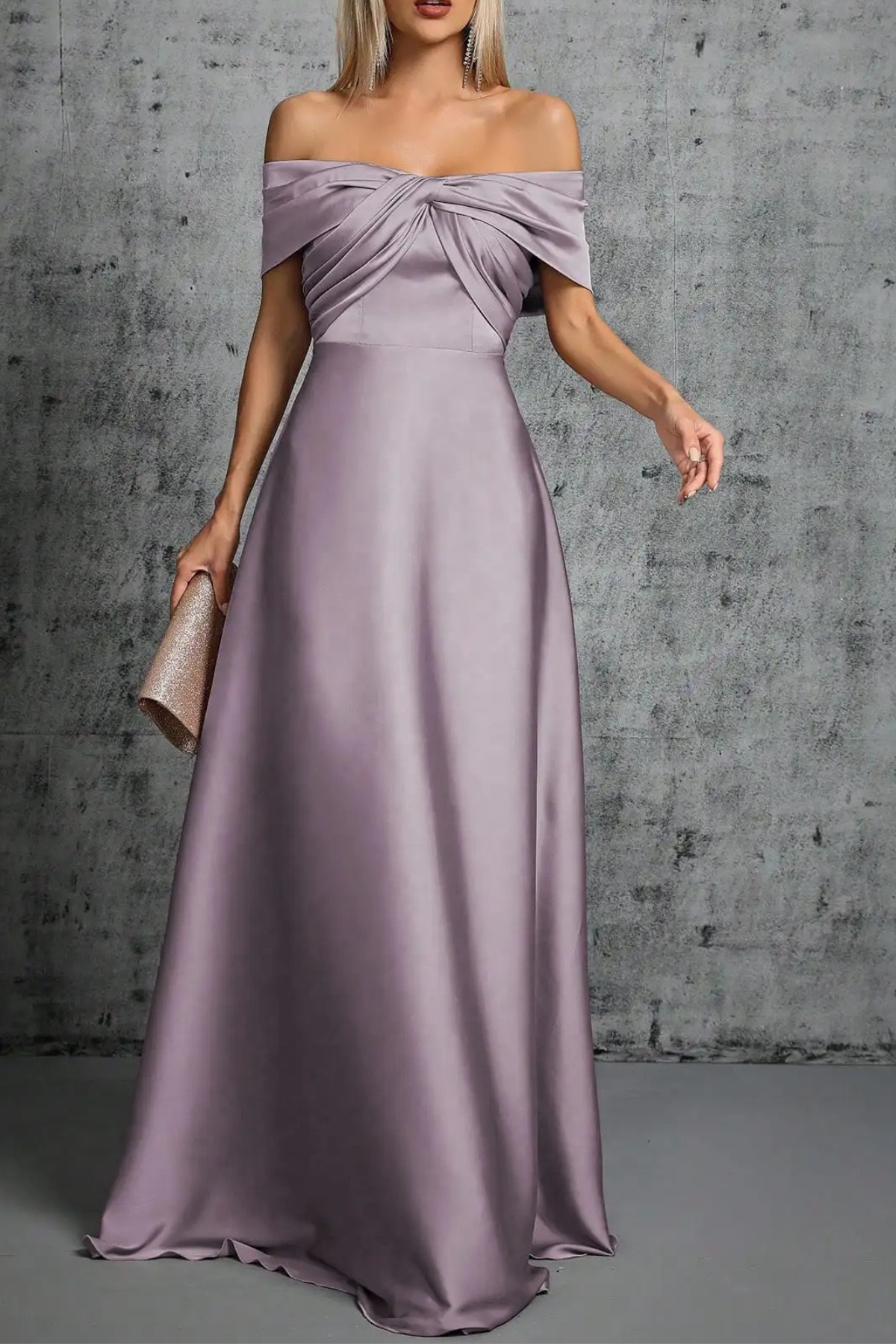 Purple Satin Off Shoulder Twist Dress