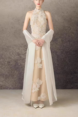 Halter Neck 3D Floral Lace Beige Maxi Dress