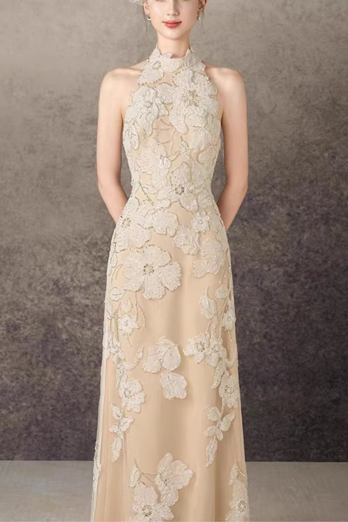 Halter Neck 3D Floral Lace Beige Maxi Dress