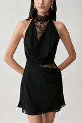 Black Lace Halter Neck Ruched A Line Mini Dress