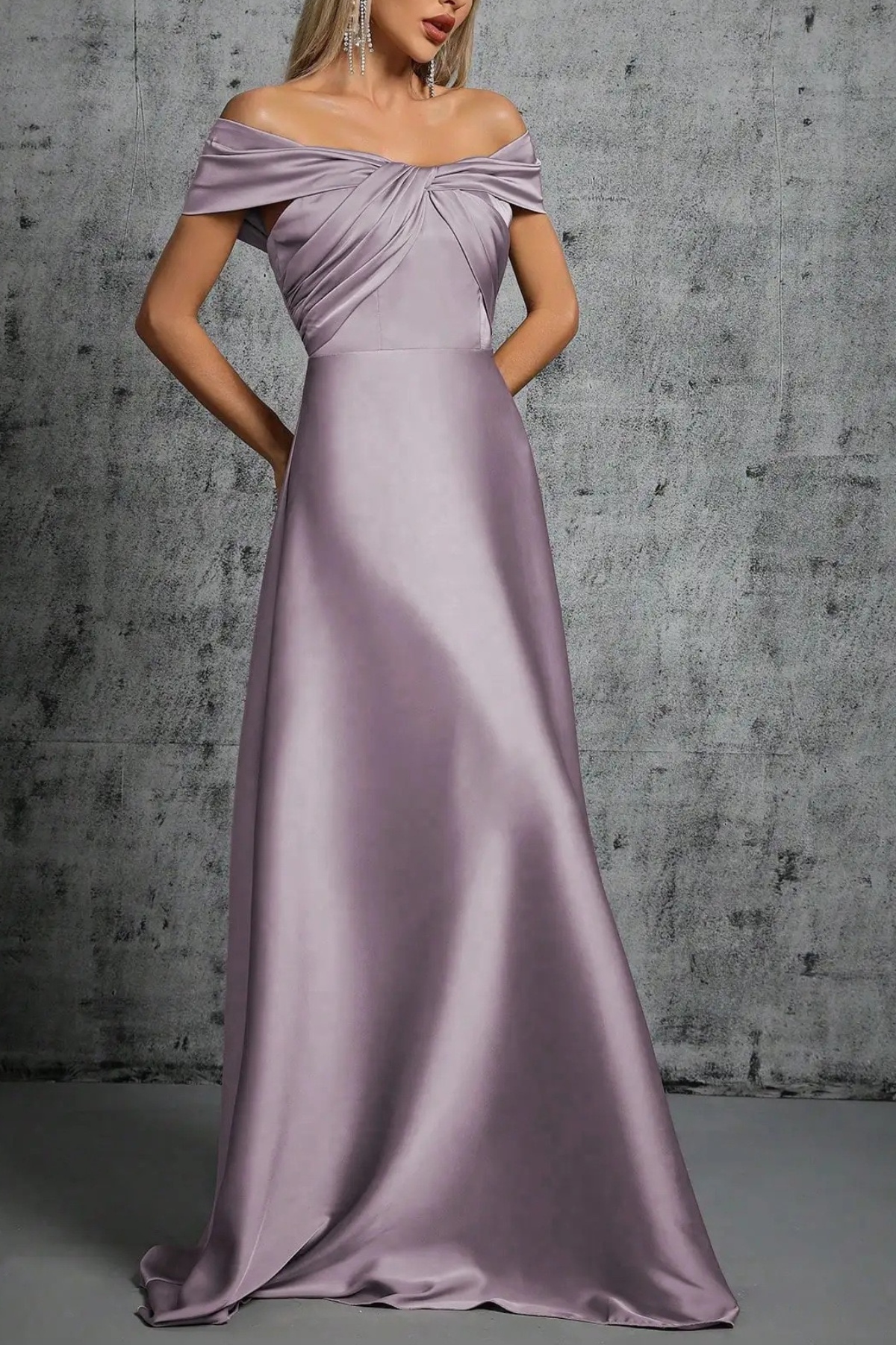 Purple Satin Off Shoulder Twist Dress
