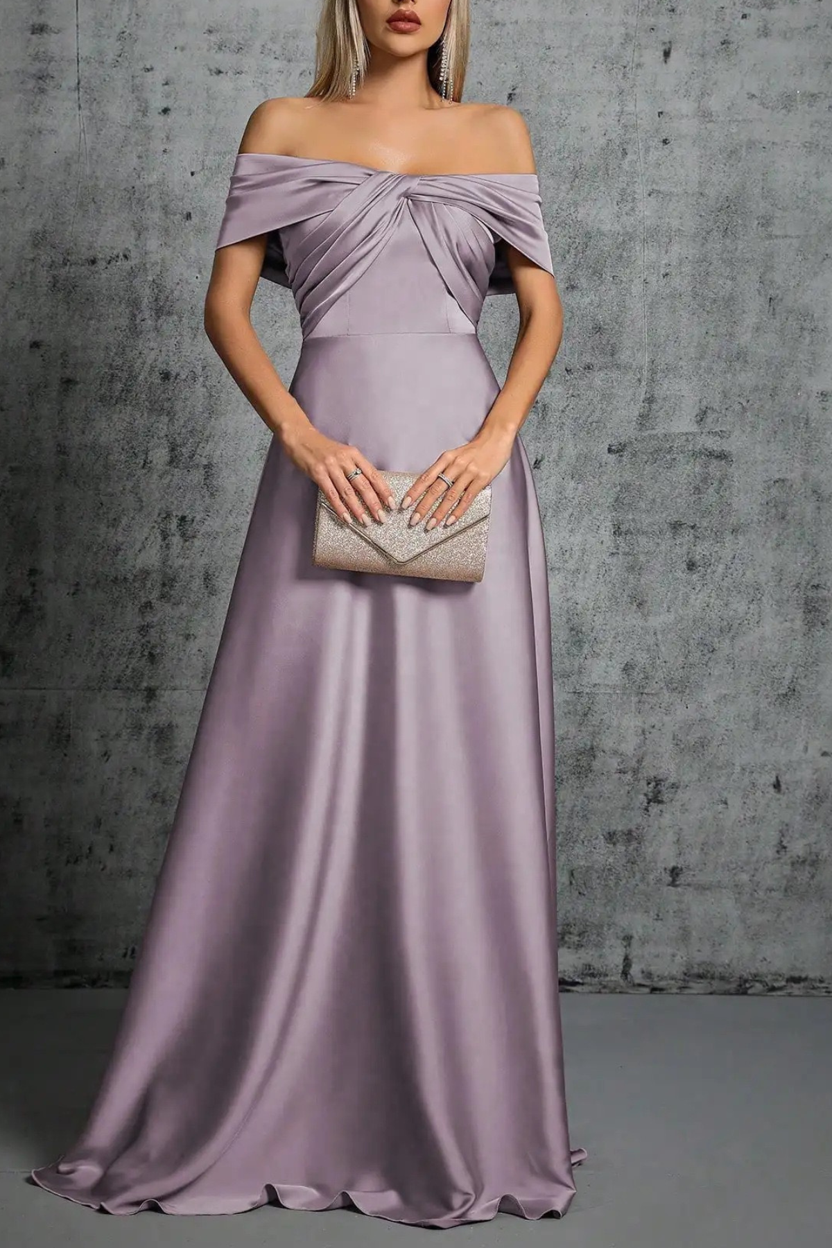 Purple Satin Off Shoulder Twist Dress