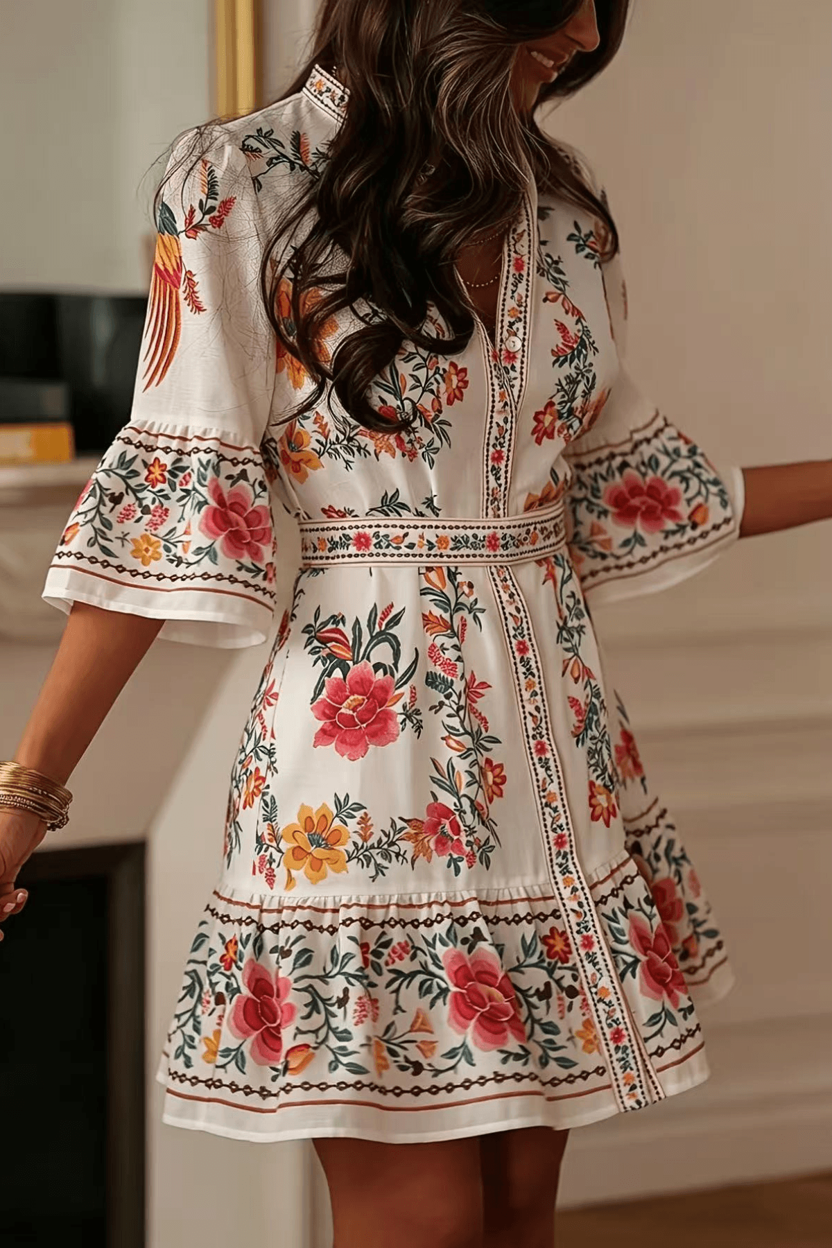 Border Print Floral Boho Mini Dress