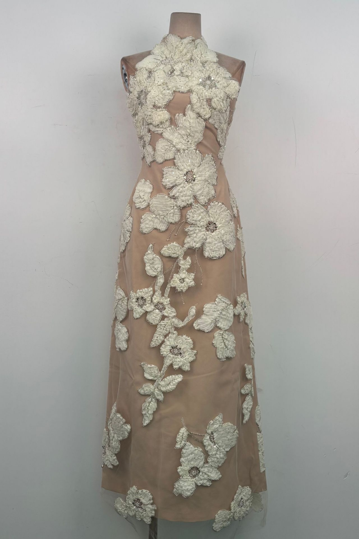 Halter Neck 3D Floral Lace Beige Maxi Dress