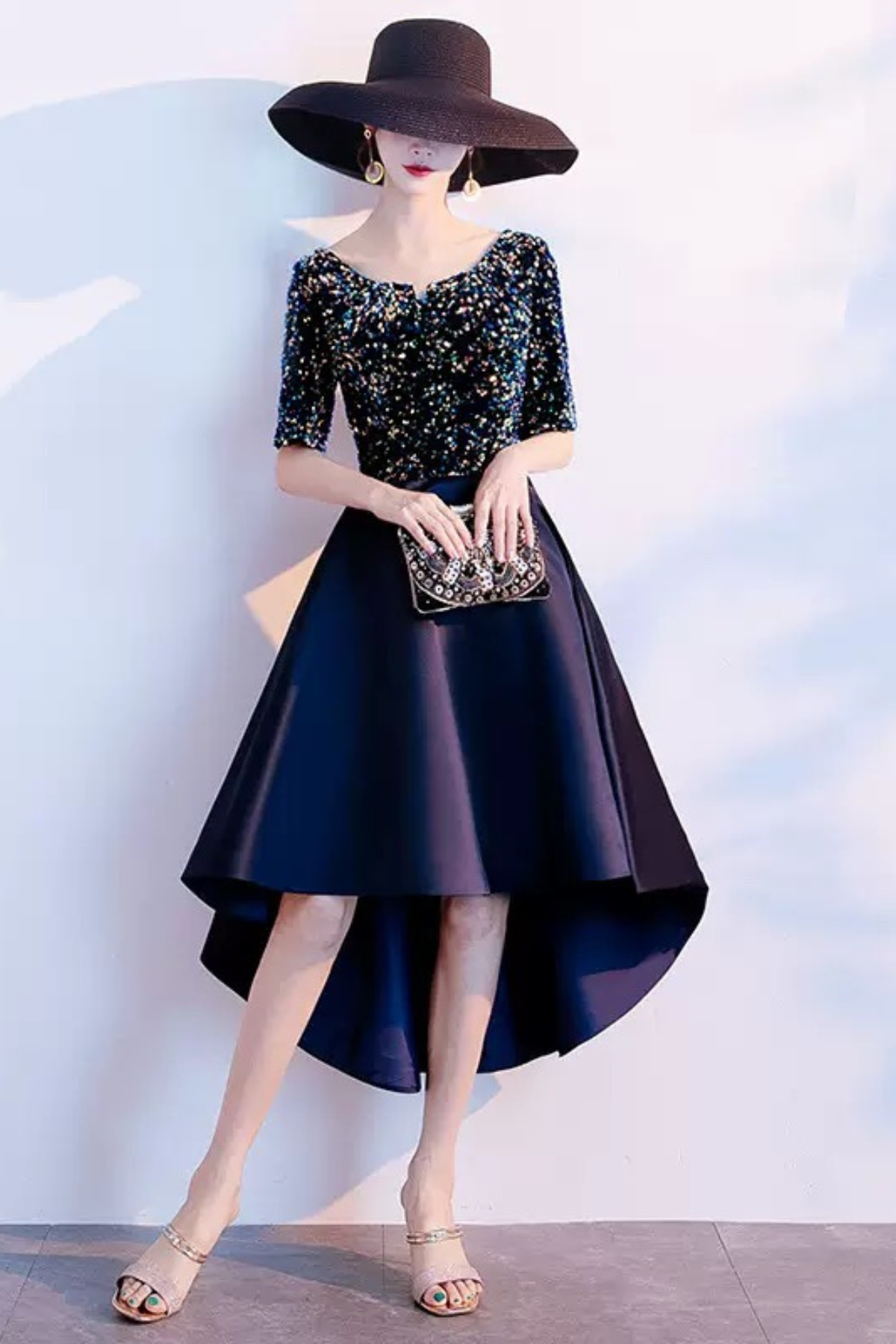 Navy Sequin High-Low Midi Dress