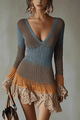 Patchwork Knit Lace Ruffle Bodycon Mini Dress