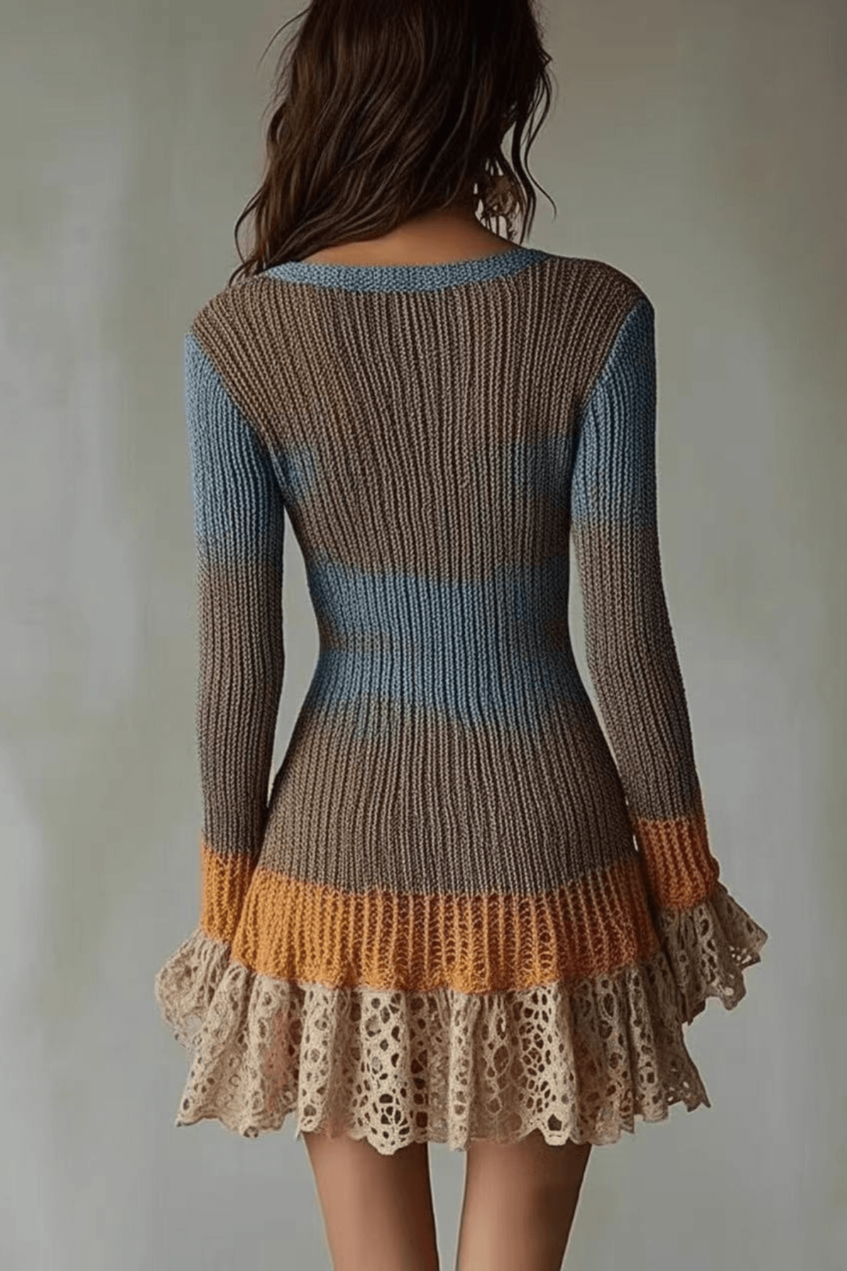 Patchwork Knit Lace Ruffle Bodycon Mini Dress
