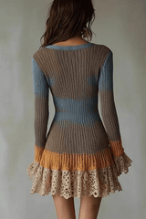 Patchwork Knit Lace Ruffle Bodycon Mini Dress
