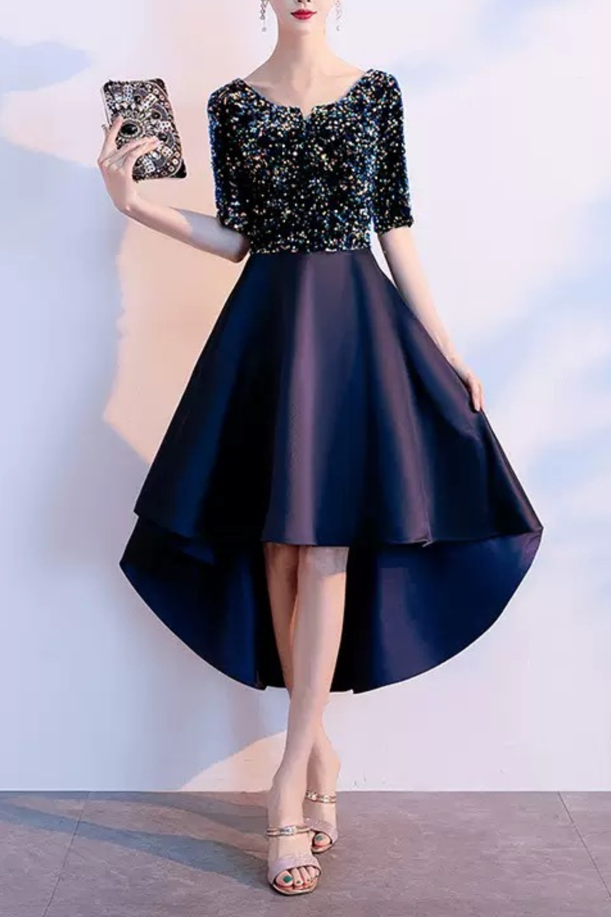 Navy Sequin High-Low Midi Dress