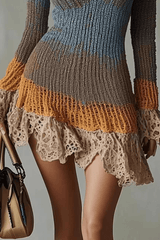 Patchwork Knit Lace Ruffle Bodycon Mini Dress