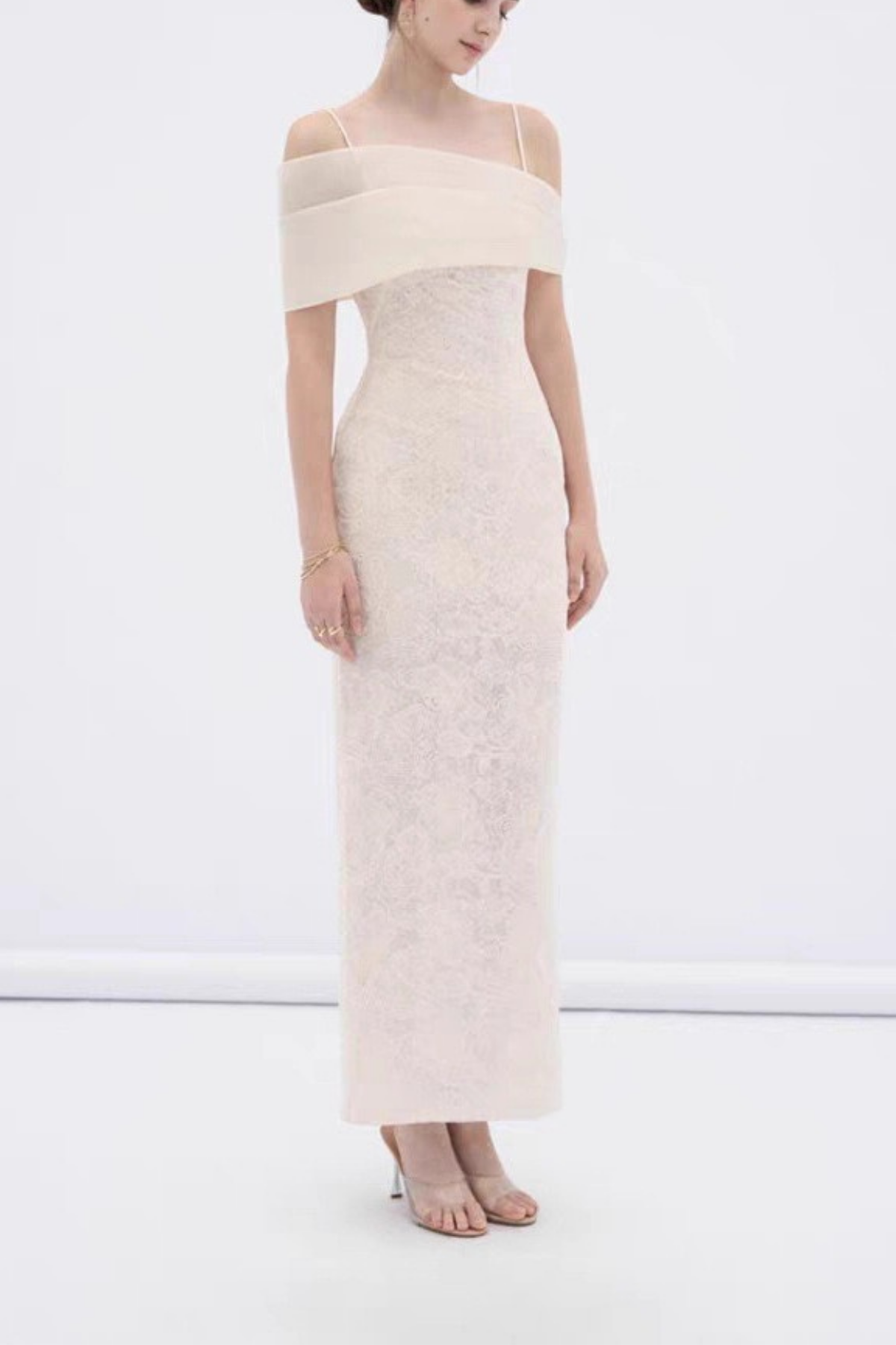 Asymmetrical Off Shoulder Strap Lace Midi Formal Dress
