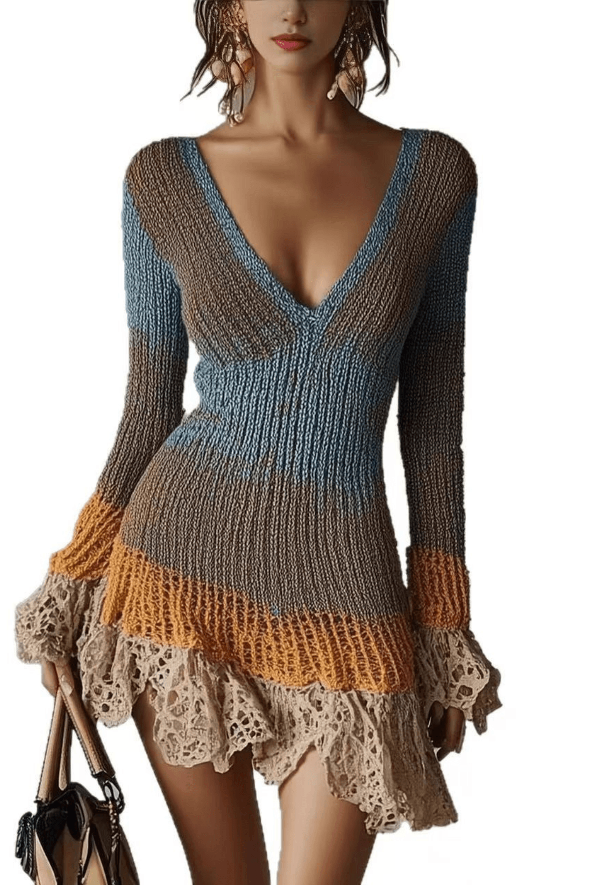 Patchwork Knit Lace Ruffle Bodycon Mini Dress