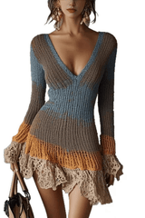 Patchwork Knit Lace Ruffle Bodycon Mini Dress