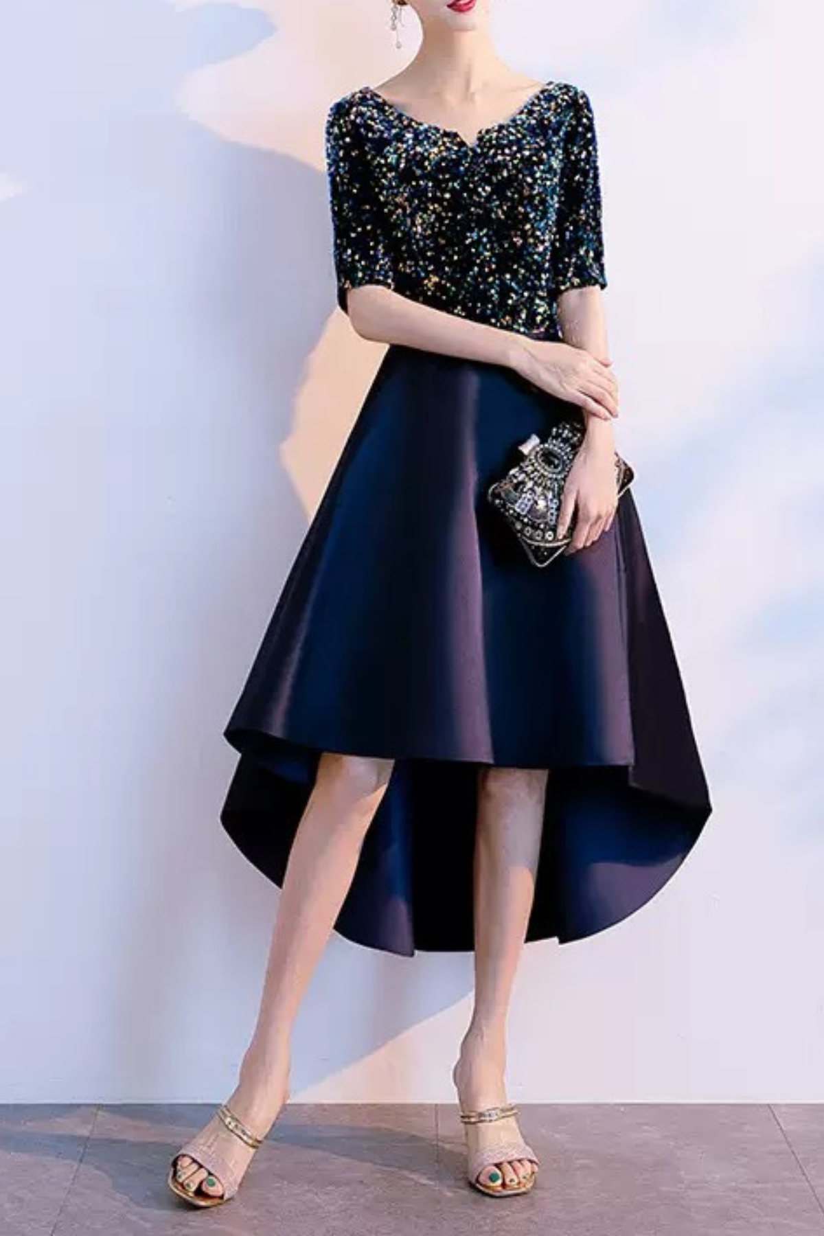Navy Sequin High-Low Midi Dress