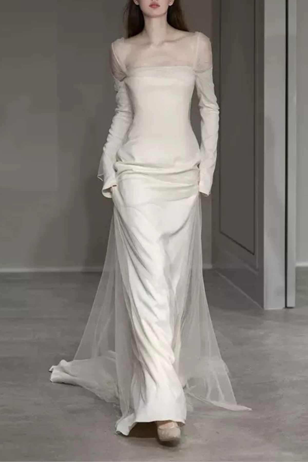 White Sheer Long Sleeve Train Maxi Dress