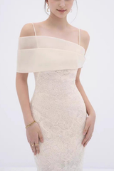 Asymmetrical Off Shoulder Strap Lace Midi Formal Dress