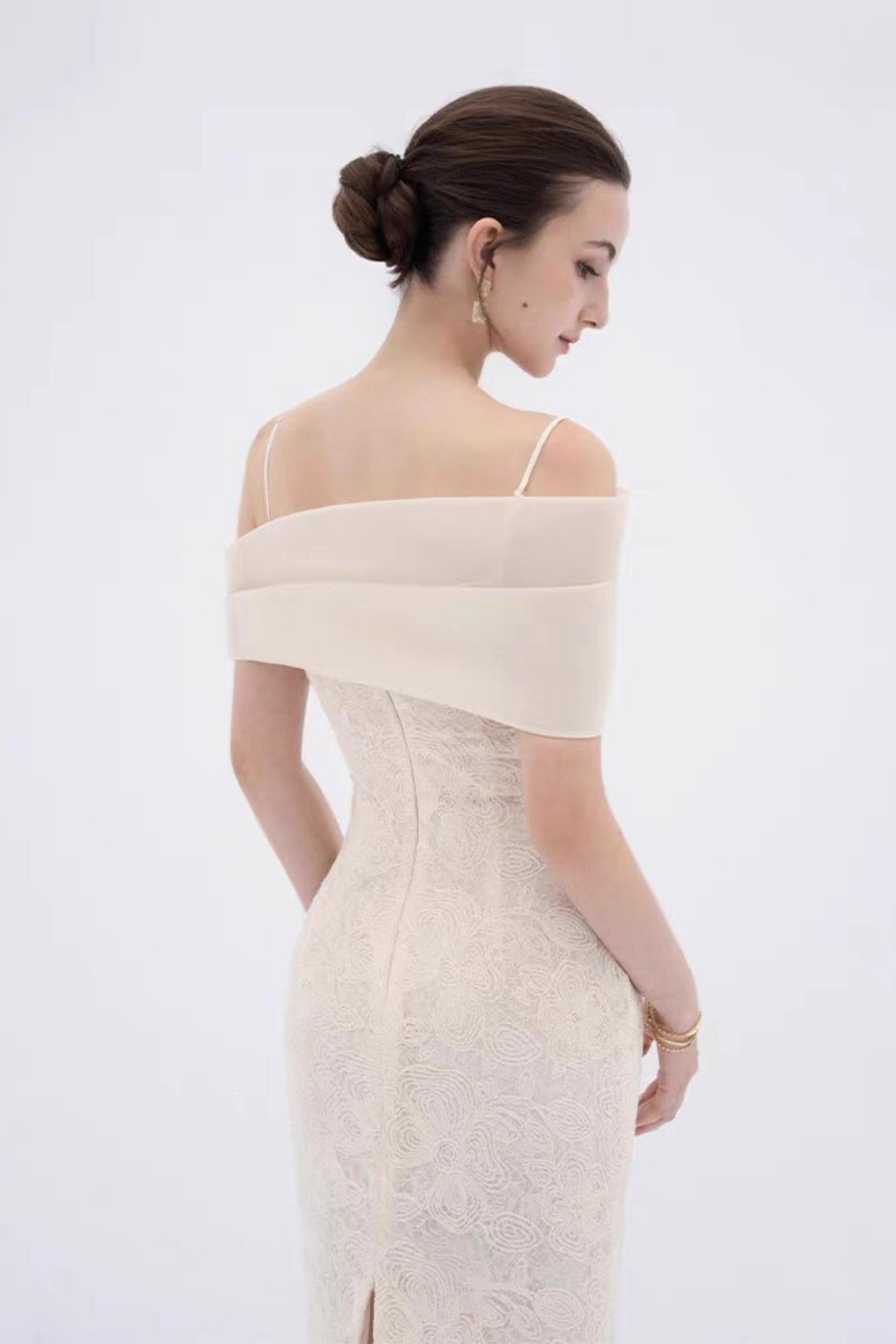 Asymmetrical Off Shoulder Strap Lace Midi Formal Dress