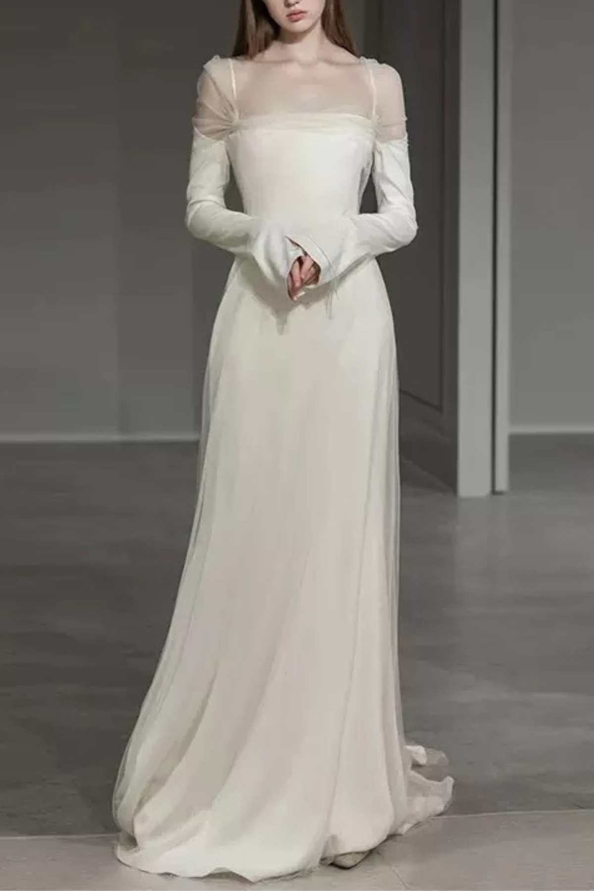 White Sheer Long Sleeve Train Maxi Dress