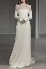 White Sheer Long Sleeve Train Maxi Dress