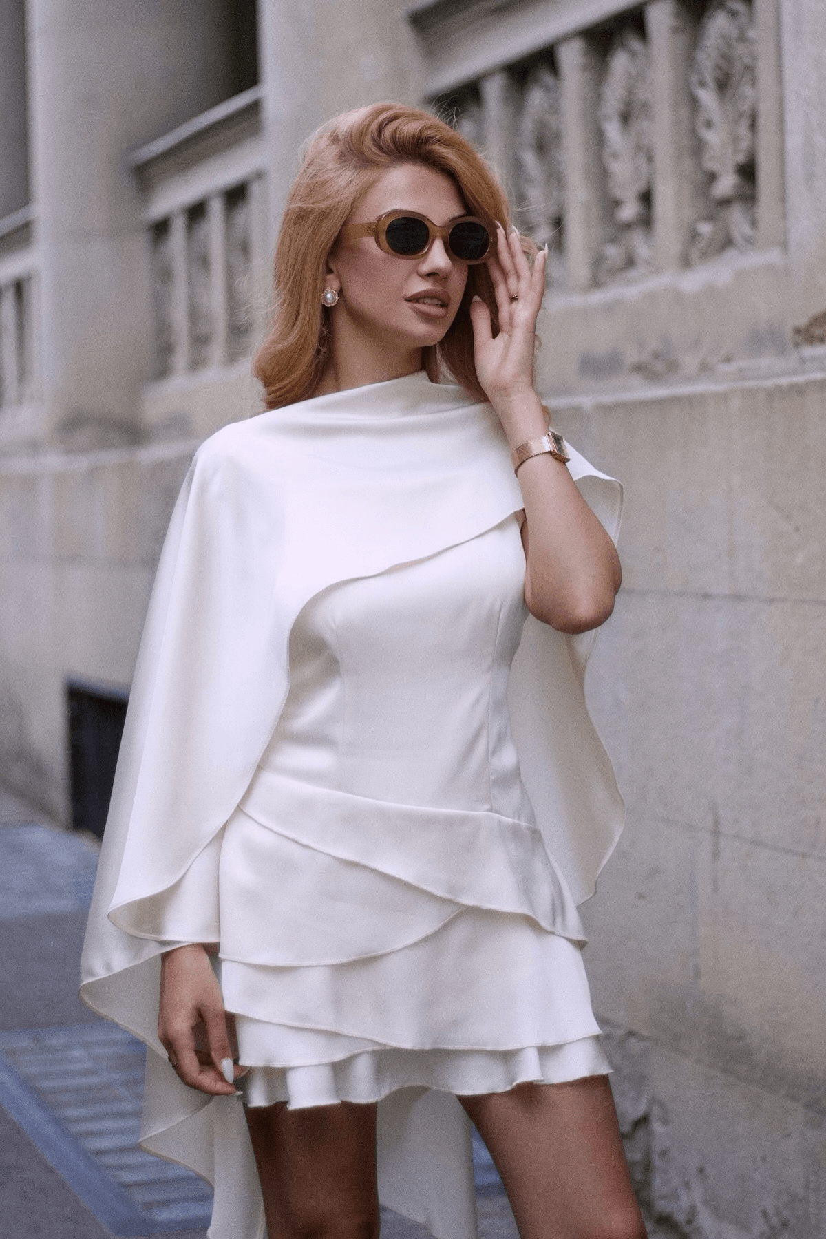 White Cape Sleeve Open Back Ruffle Mini Dress