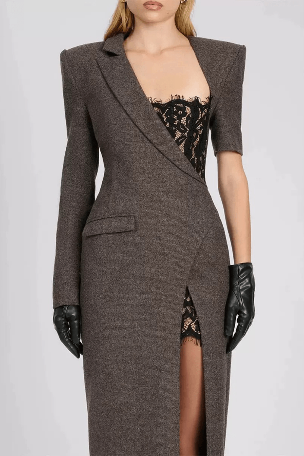 Gray Lace Detail Long Sleeve Maxi Dress