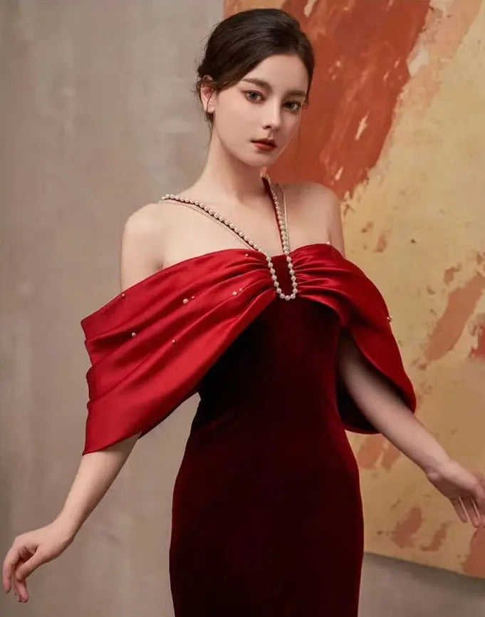 Off Shoulder Maxi Dress - Red