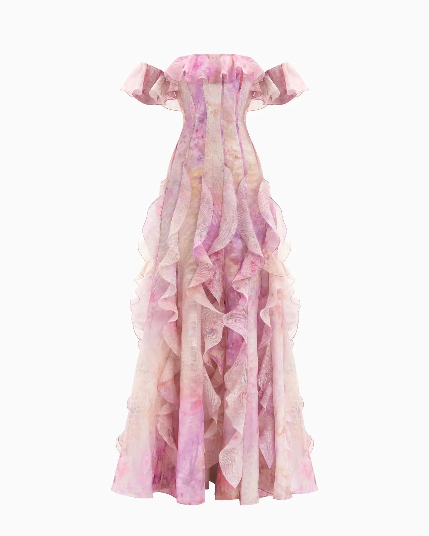 Floral Frill Off-Shoulder Maxi Dress in Pink