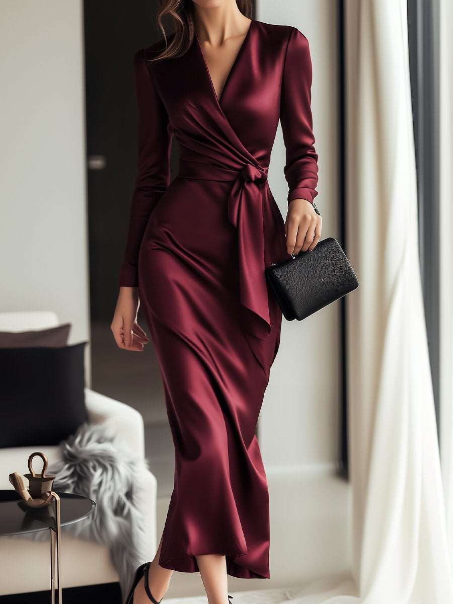 Timeless Satin Wrap Dress with Waist Tie Detail