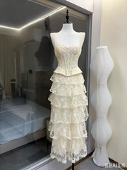 Wide Strap Lace Corset Peplum Top & High Low Lace Skirt Set