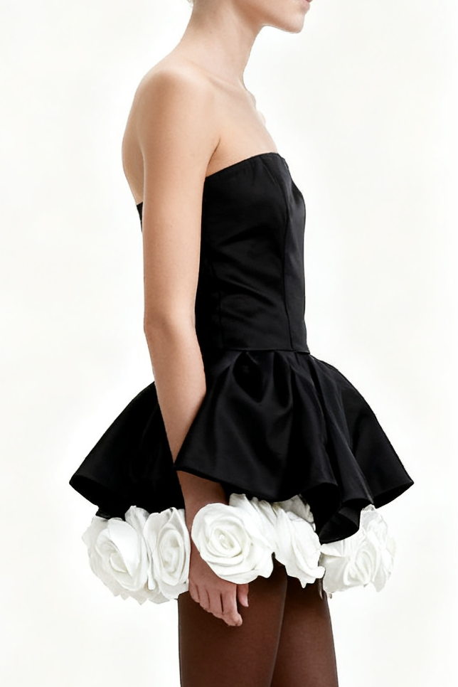 Black Petal-Layered Corset Mini Dress