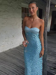 Lace Sequin Backless Maxi Dress in Blue