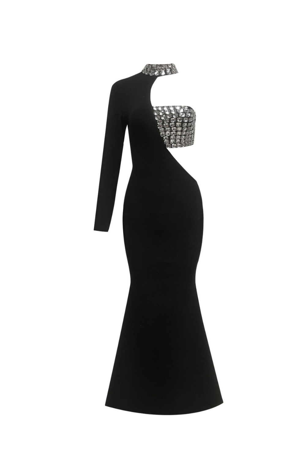 Crystal Embellished One-Sleeve Cut-Out Maxi Dress in black